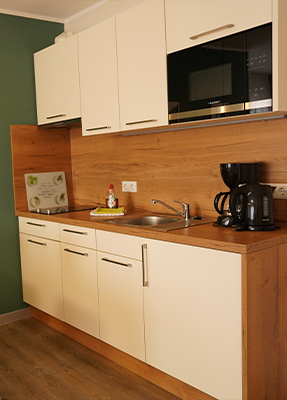 Küchenzeile in weiß mit Holz vor einer waldgrünen Wand
